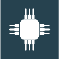 Pictogram of a microprocessor. Simple white symbol isolated on dark blue.